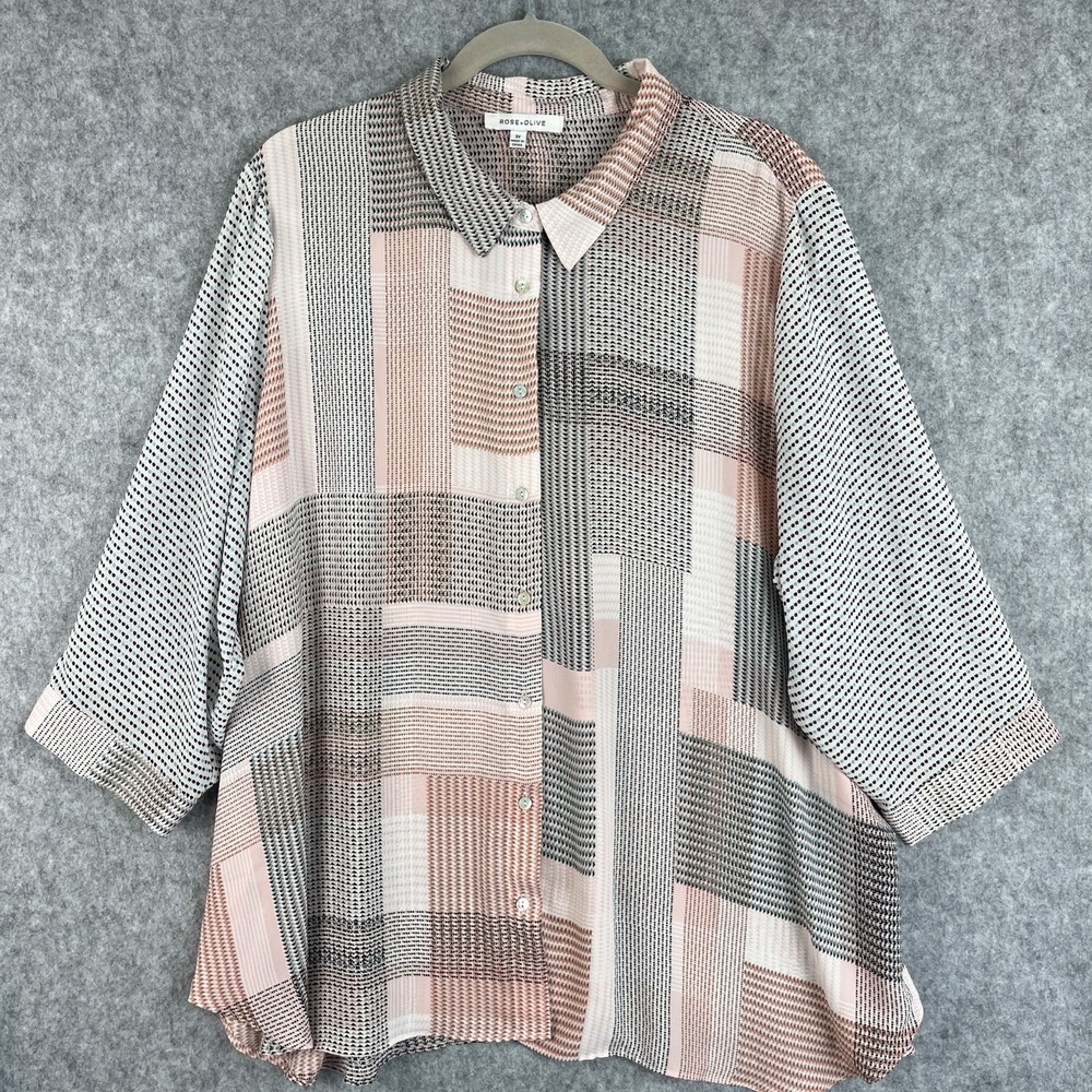 Rose Olive Tunic Top Womens 3X Patchwork Print 3/4 Sleeve Button Up Lightweight